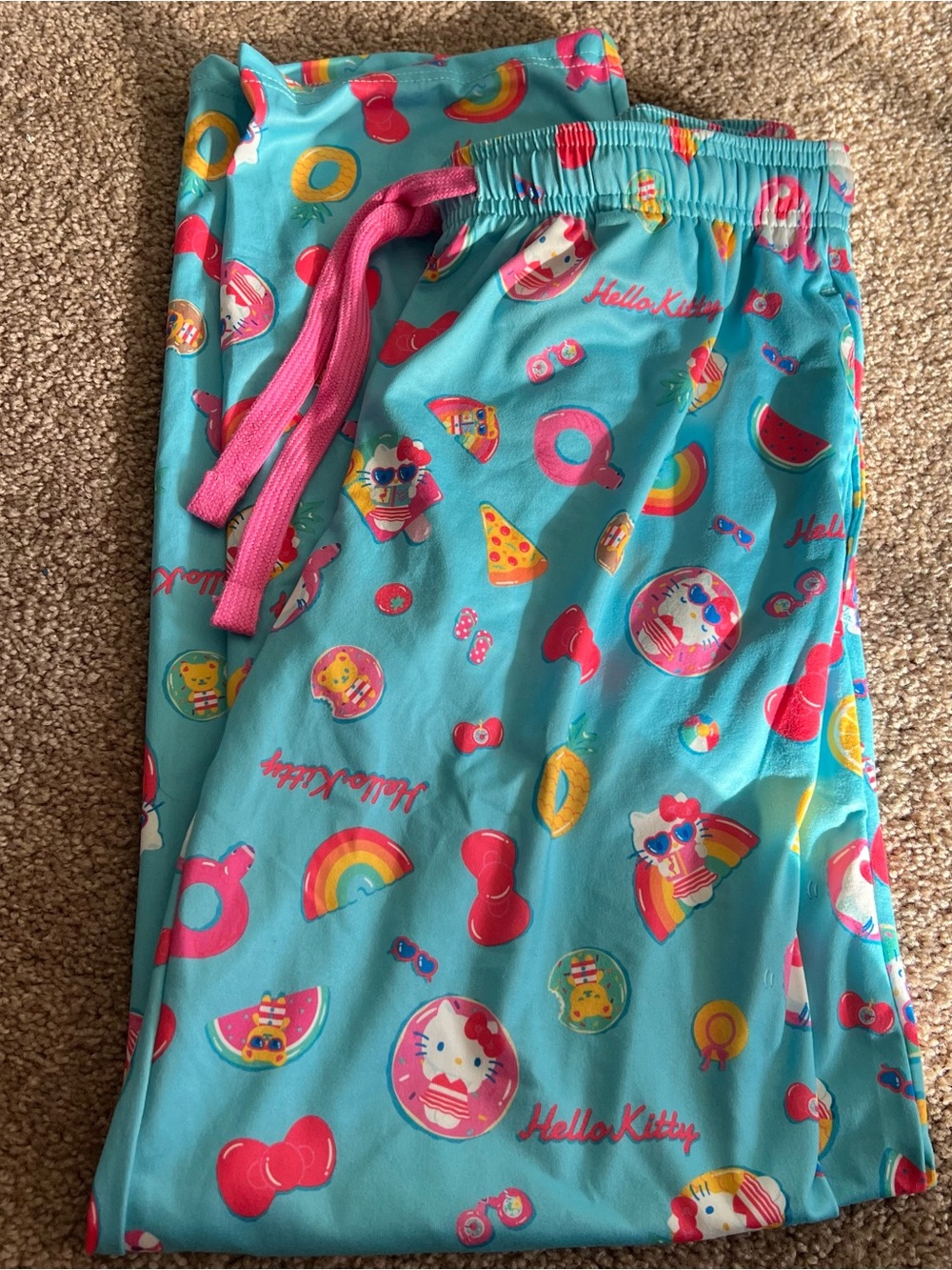 Sanrio Hello Kitty Turquoise Pajama Bottoms with Pink Drawstring